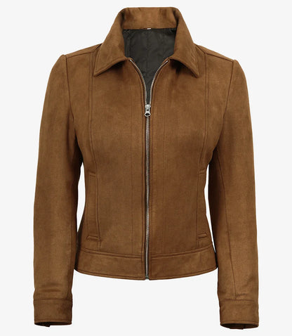 Womens Shirt Collar Light Brown Faux Suede Jacket