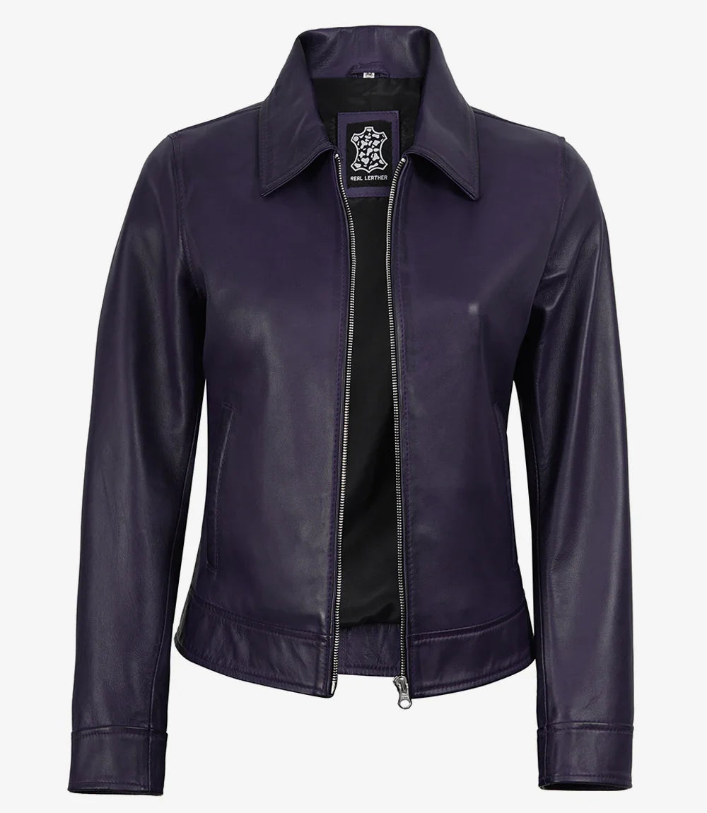 Women's Purple Waxed Shirt Collar Harrington Leather Jacket