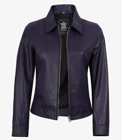 Women's Purple Waxed Shirt Collar Harrington Leather Jacket