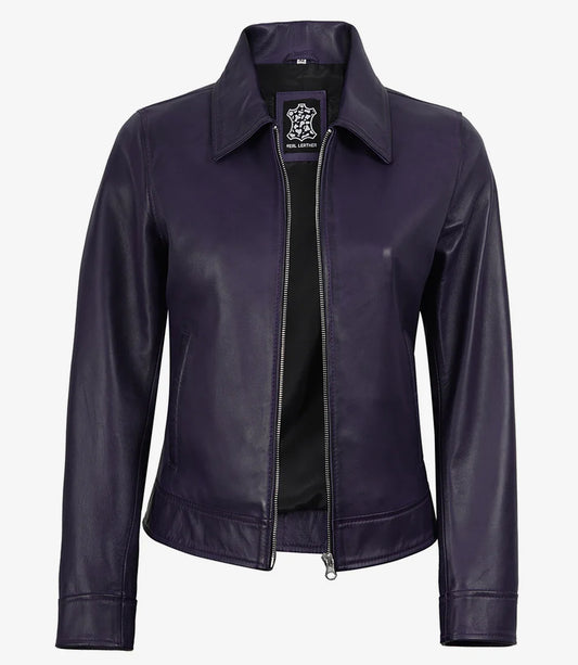 Women's Purple Waxed Shirt Collar Harrington Leather Jacket