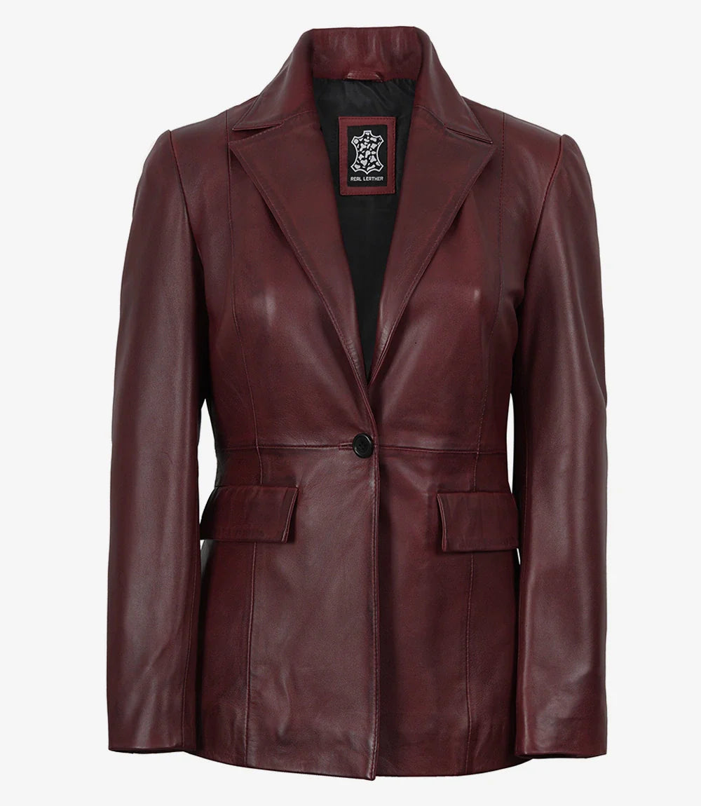 Women’s Single-Button Burgundy Waxed Lambskin Leather Blazer