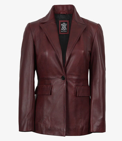 Women’s Single-Button Burgundy Waxed Lambskin Leather Blazer