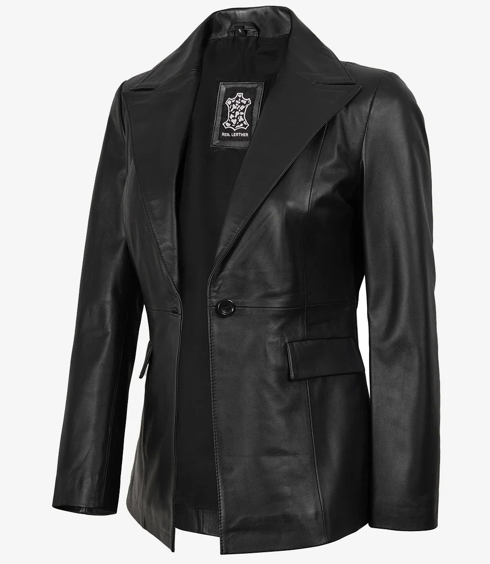 Women's Black Lambskin Single-Button Notch Lapel Blazer