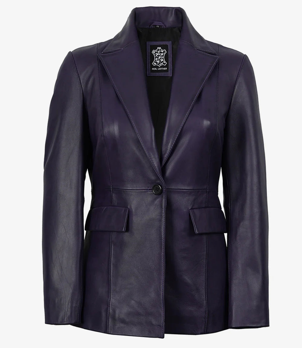 Womens Single Button Purple Waxed Leather Blazer