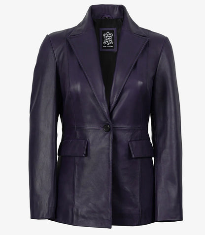 Womens Single Button Purple Waxed Leather Blazer