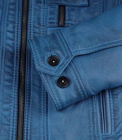 Women's Blue Waxed Lambskin Leather Biker Style Jacket