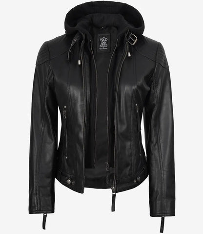 Tonja Womens Real Leather Black Jacket With Hood