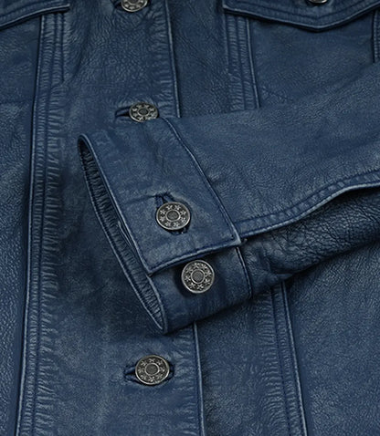 Womens Blue Washed Trucker Leather Jacket