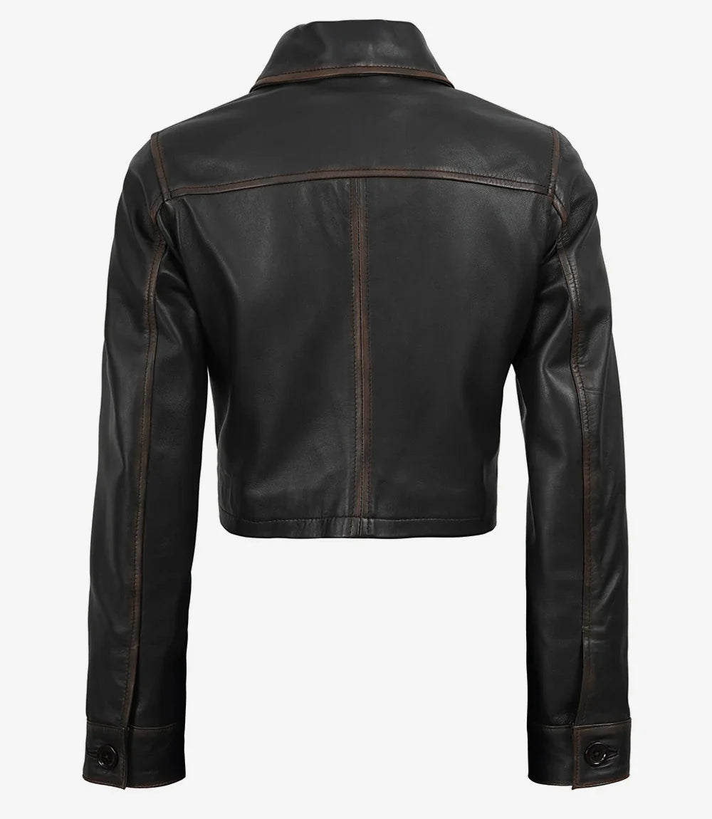 Womens Vintage Brown Cropped Leather Jacket