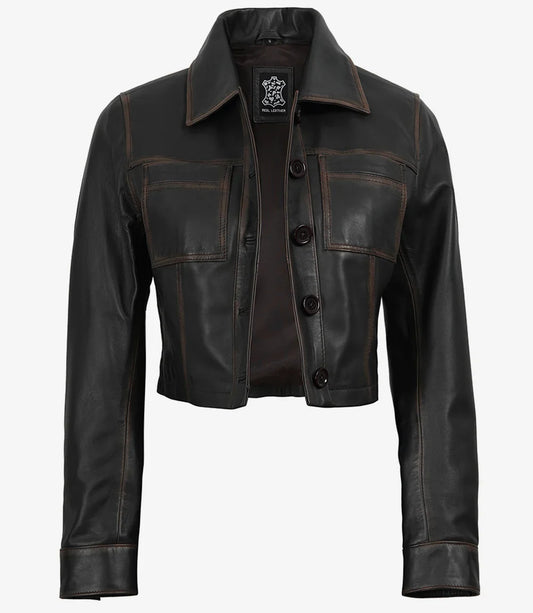 Womens Vintage Brown Cropped Leather Jacket