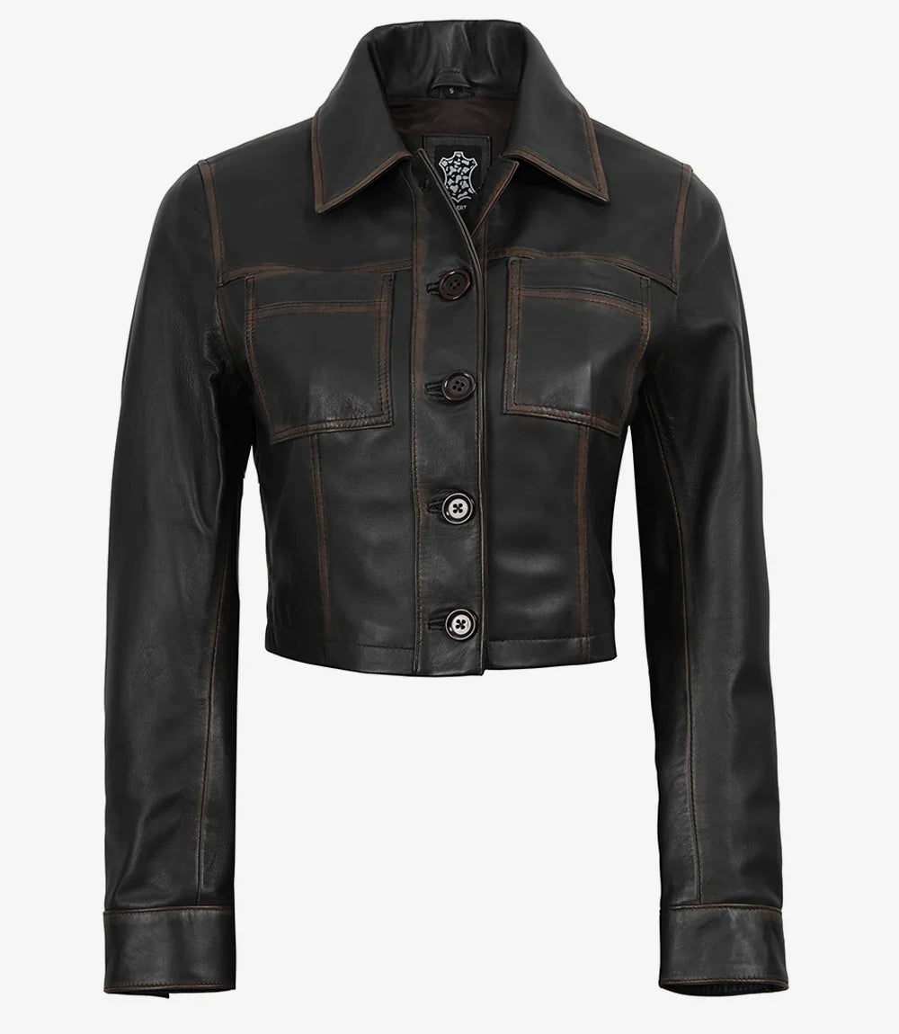 Womens Vintage Brown Cropped Leather Jacket