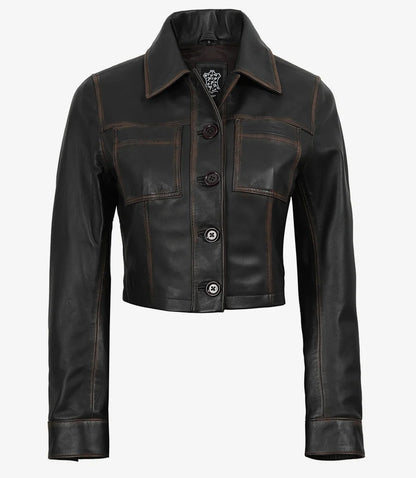Womens Vintage Brown Cropped Leather Jacket
