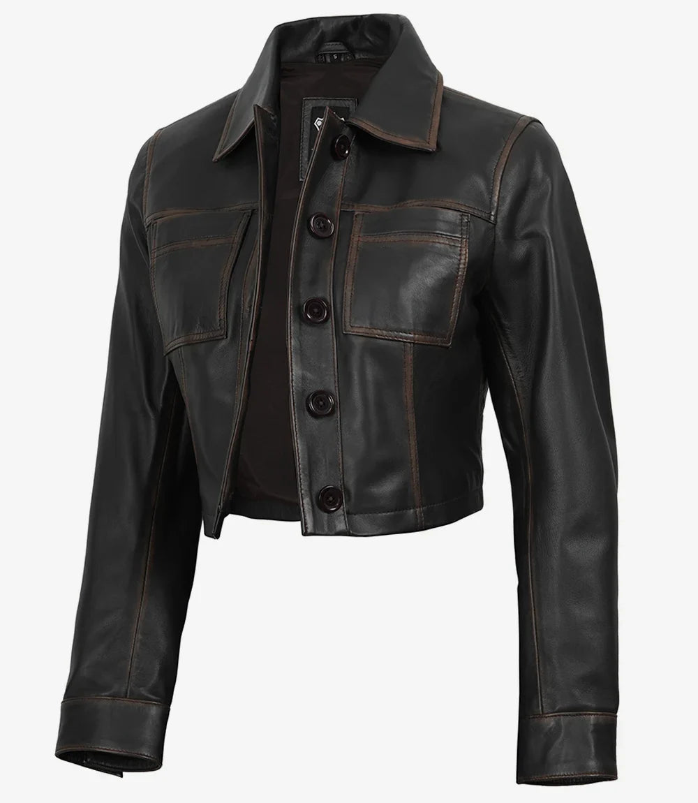 Womens Vintage Brown Cropped Leather Jacket