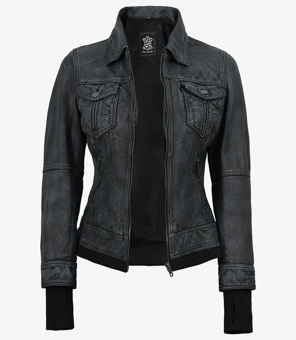 Women's Washed Black Leather Jacket with Removable Hood