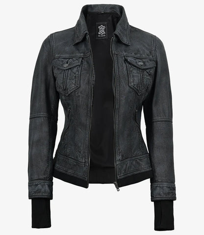Women's Washed Black Leather Jacket with Removable Hood