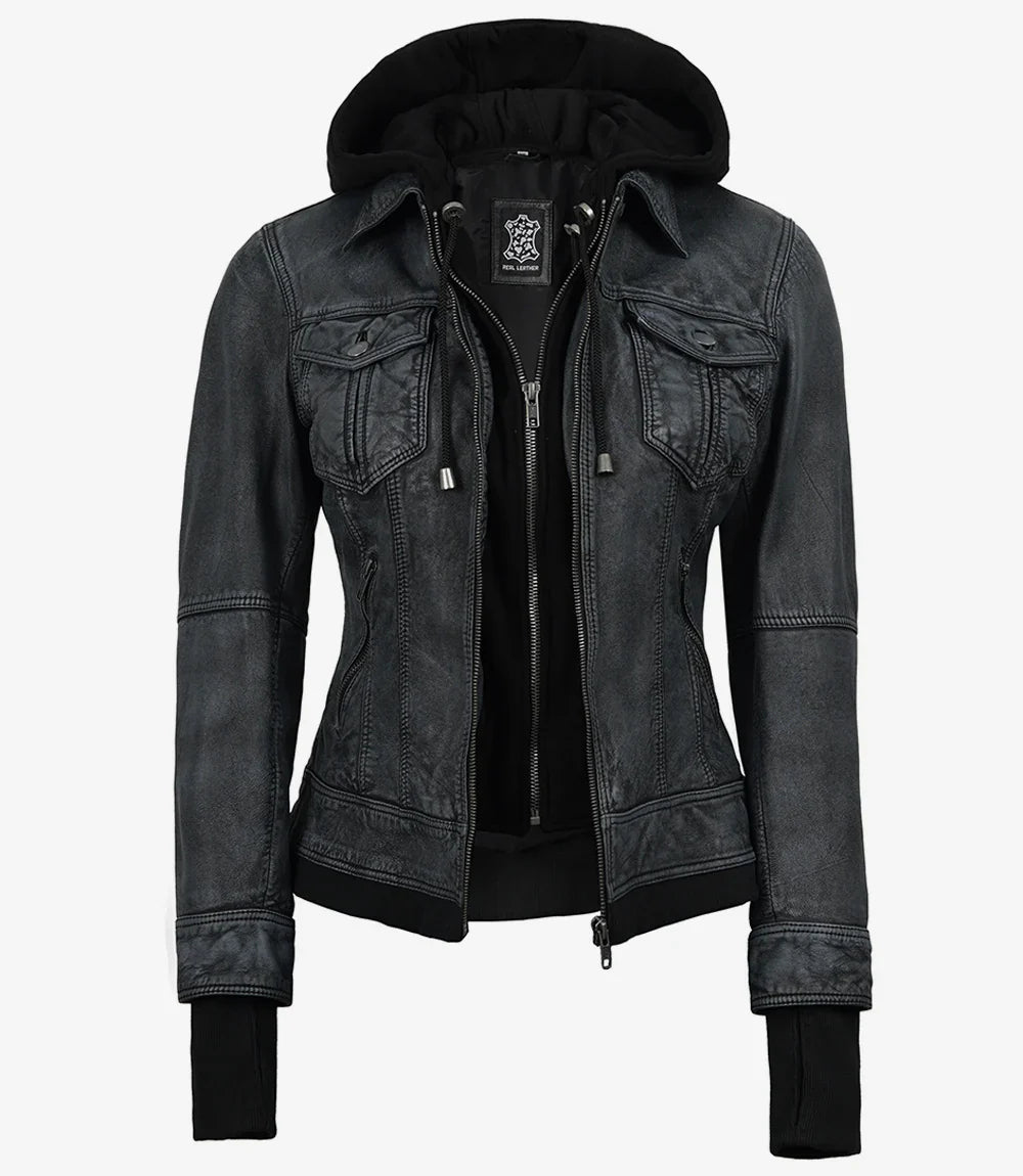 Women's Washed Black Leather Jacket with Removable Hood
