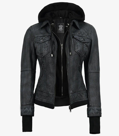 Women's Washed Black Leather Jacket with Removable Hood