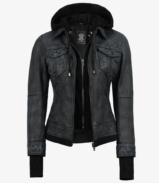 Women's Washed Black Leather Jacket with Removable Hood