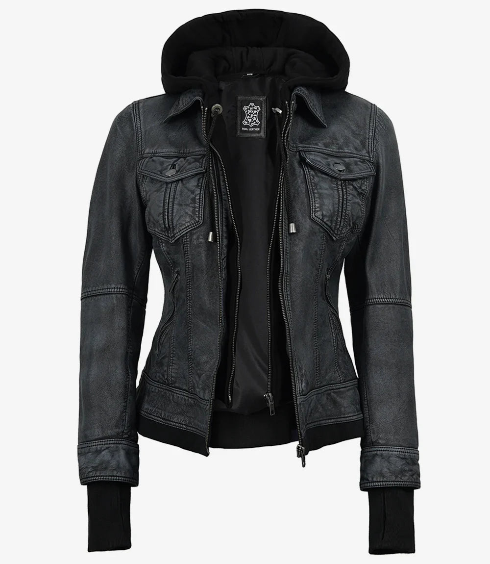 Women's Washed Black Leather Jacket with Removable Hood