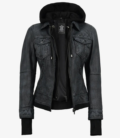 Women's Washed Black Leather Jacket with Removable Hood