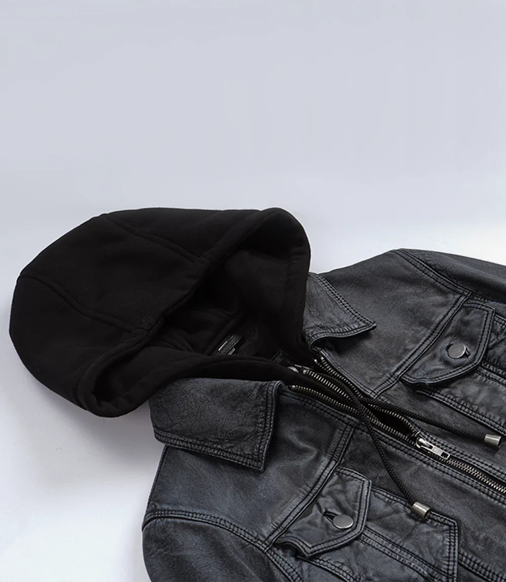 Women's Washed Black Leather Jacket with Removable Hood