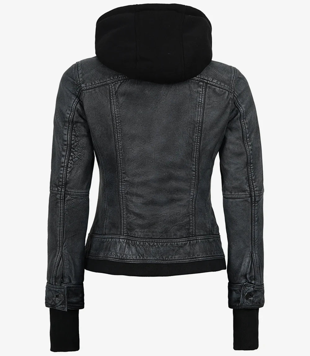 Women's Washed Black Leather Jacket with Removable Hood