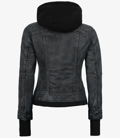 Women's Washed Black Leather Jacket with Removable Hood