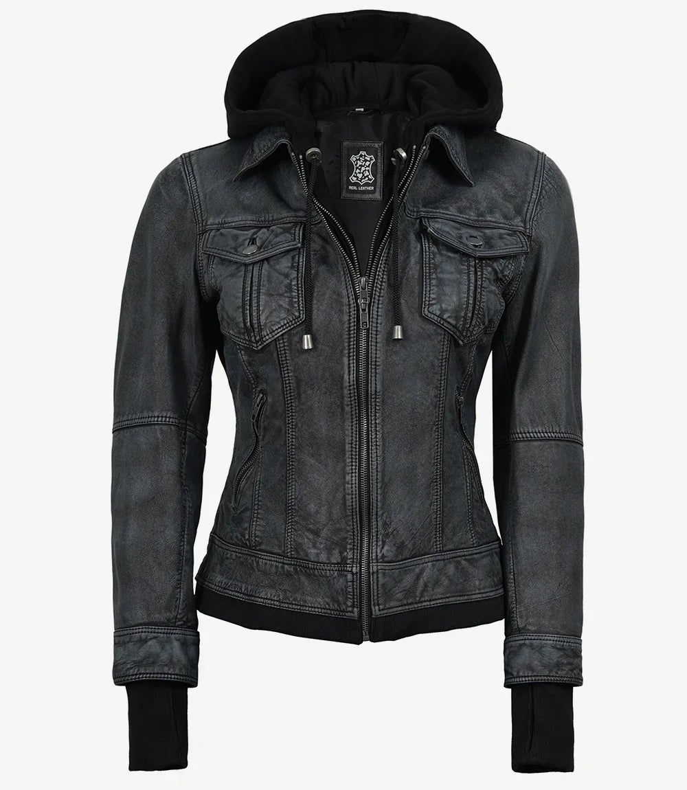 Women's Washed Black Leather Jacket with Removable Hood