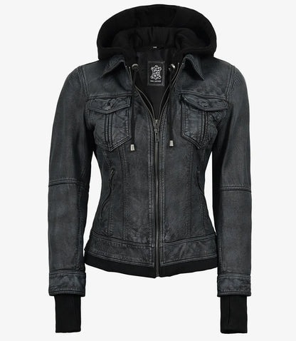 Women's Washed Black Leather Jacket with Removable Hood