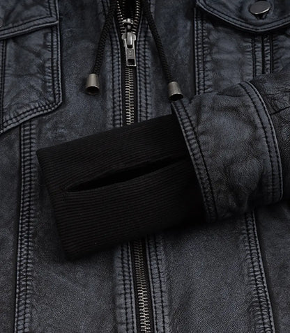 Women's Washed Black Leather Jacket with Removable Hood