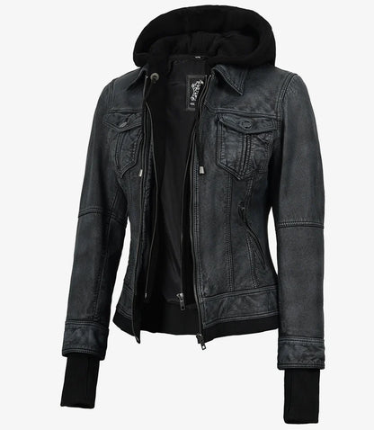 Women's Washed Black Lambskin Bomber Jacket with Removable Hood