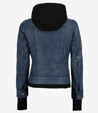 The Céleste: Womens Blue Washed Bomber Leather Jacket with Removable Hood