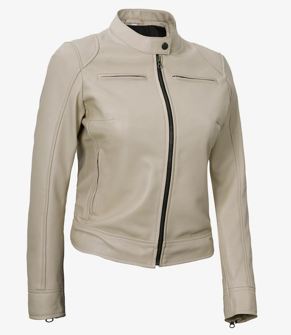 Dodge Beige Biker Style Leather Jacket for Women