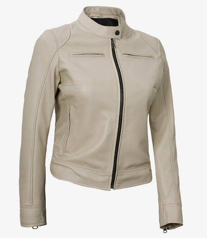 Dodge Beige Biker Style Leather Jacket for Women