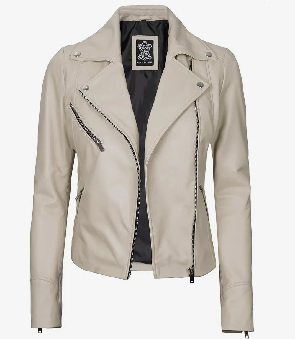 Women's Real Lambskin Leather Beige Biker Style Jacket