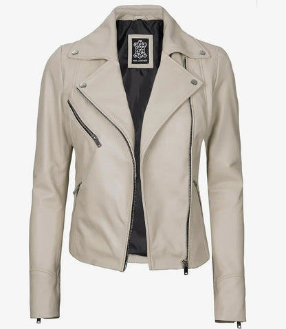 Women's Real Lambskin Leather Beige Biker Style Jacket
