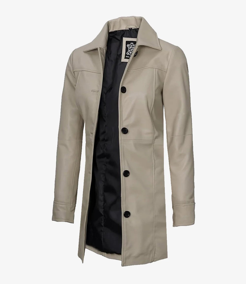 Women's Real Lambskin Leather 3/4 Length Beige Coat