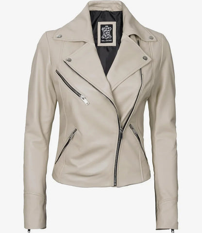 Women's Real Lambskin Leather Beige Biker Style Jacket