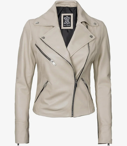 Women's Real Lambskin Leather Beige Biker Style Jacket