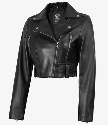 Black Asymmetrical Cropped Leather Jacket for Women
