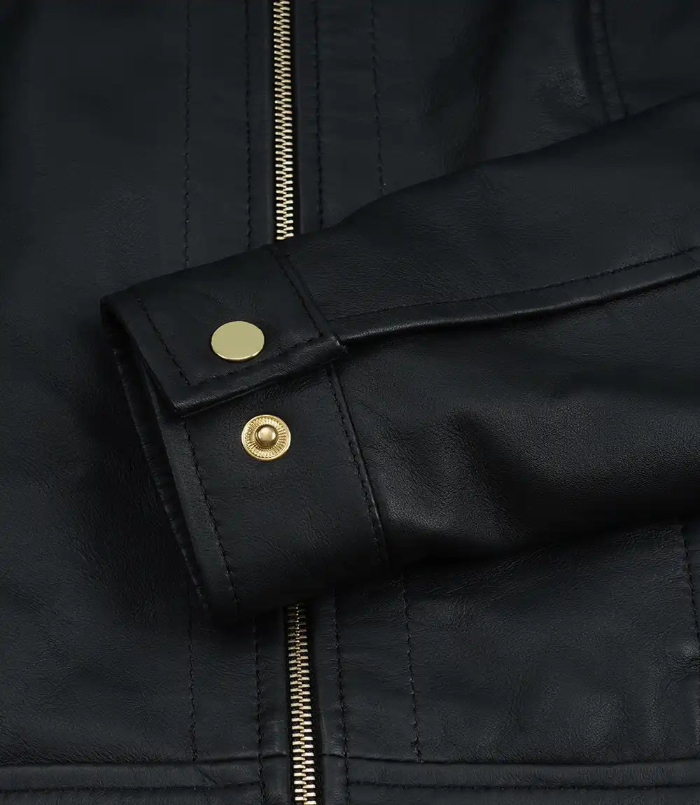Women's Black Lambskin Harrington Jacket — Gold Hardware & Accents