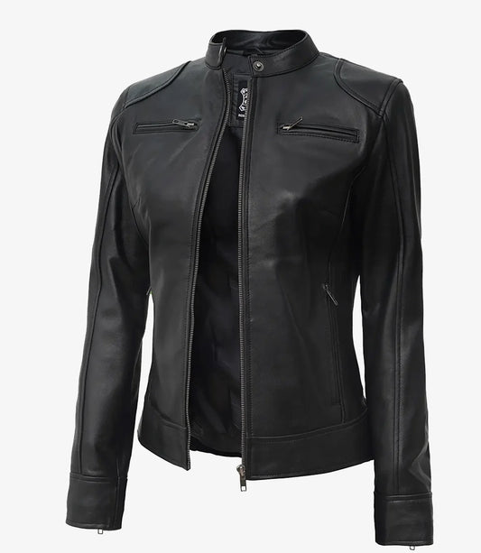 Dodge Black Women's Petite Leather Biker Style Jacket