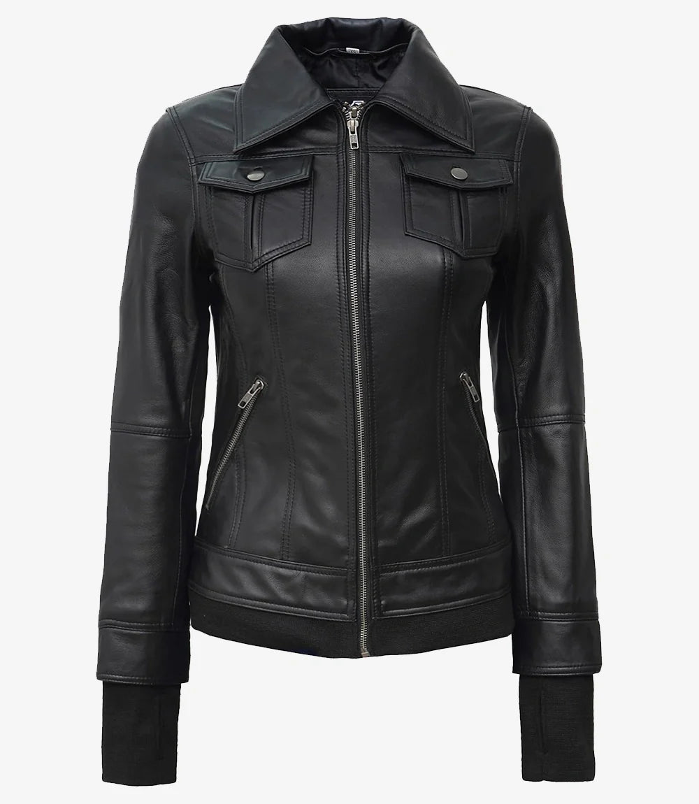 Womens Petite Black Bomber Leather Jacket With Removable Hood