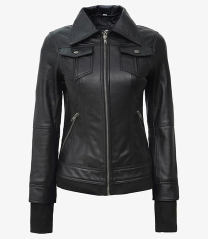 Womens Petite Black Bomber Leather Jacket With Removable Hood