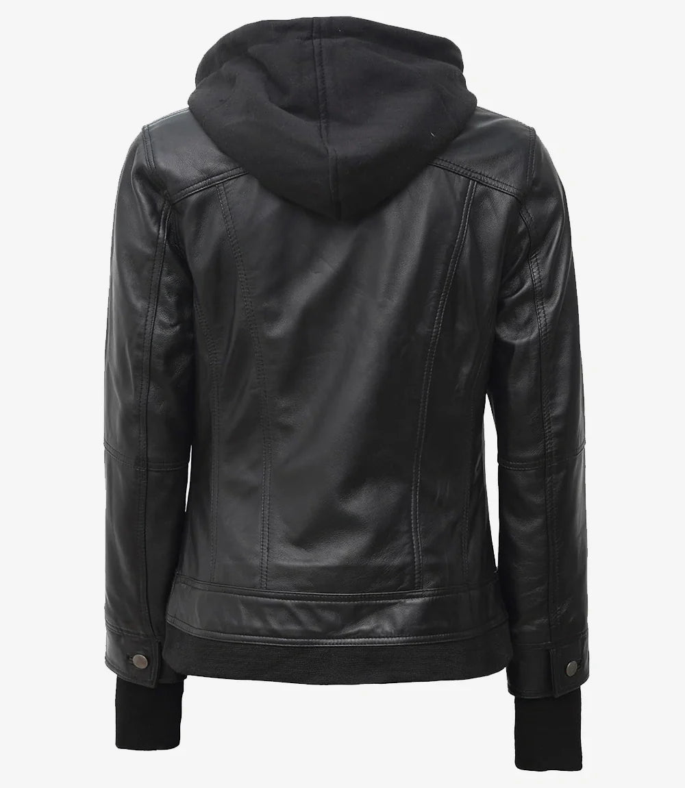 Womens Petite Black Bomber Leather Jacket With Removable Hood