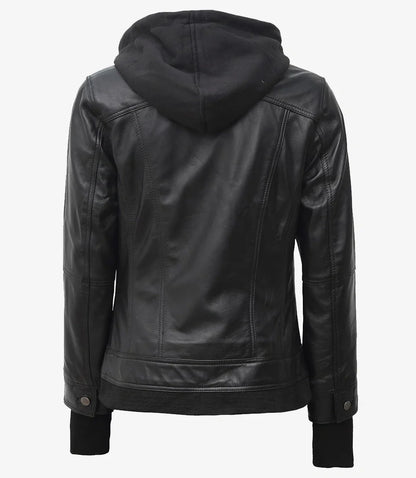 Womens Petite Black Bomber Leather Jacket With Removable Hood