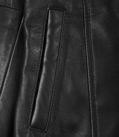 Womens Black 3/4 Length Button Down Leather Coat