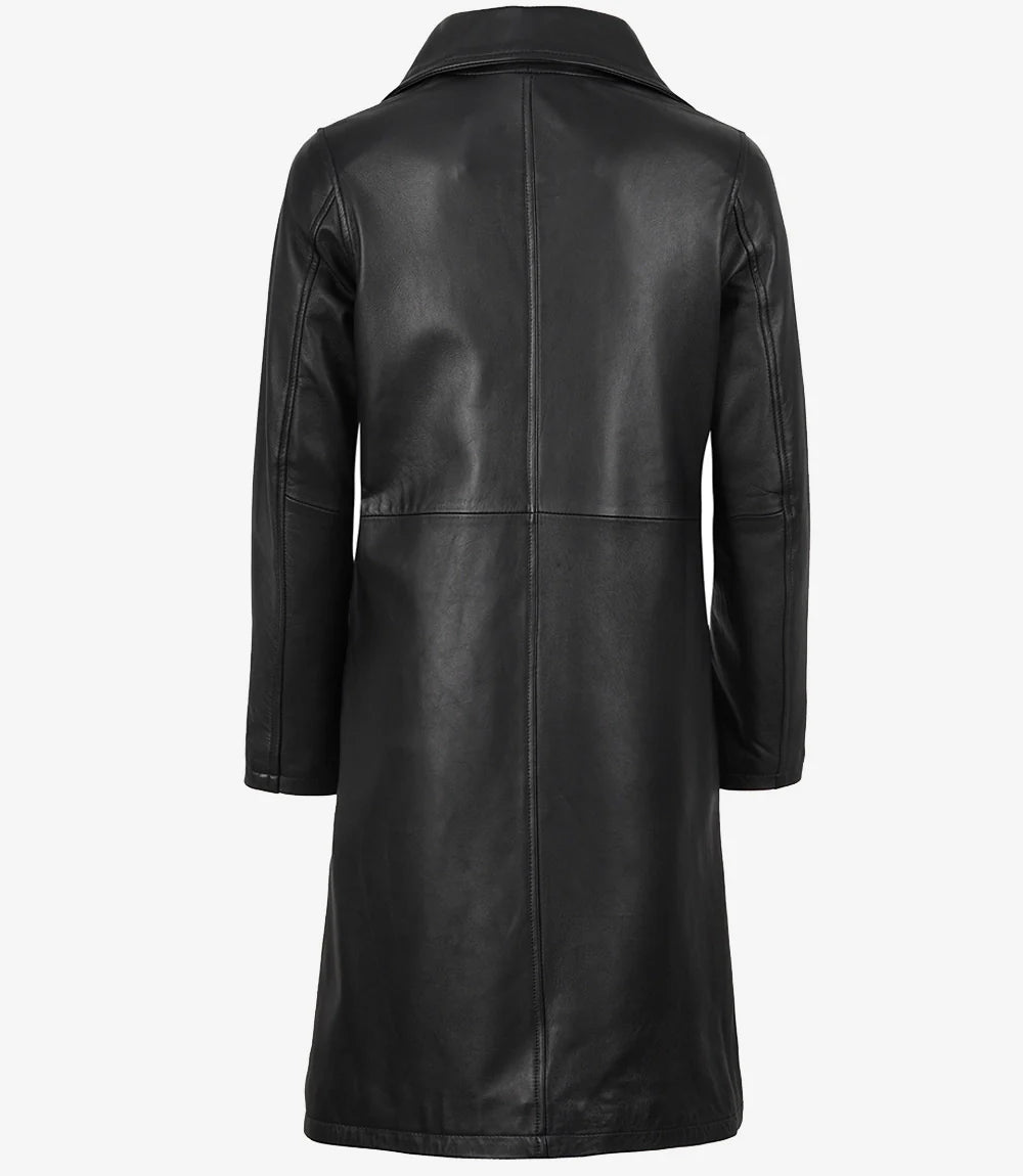 Women's Long Black Leather Car Coat - Notch Lapel