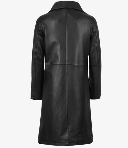 Women's Long Black Leather Car Coat - Notch Lapel