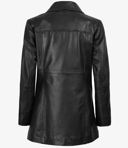 Womens Black 3/4 Length Button Down Leather Coat